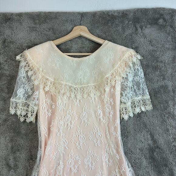 Vintage 80s Pink Peach Lace Dress Victorian Frilly Rosette Coquette Cottage Prom - Picture 4 of 15